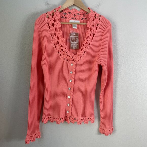 NEW Soft Surroundings Womens Large Coral Crochet Trim Cardigan Sweater Ribbed - Picture 7 of 12